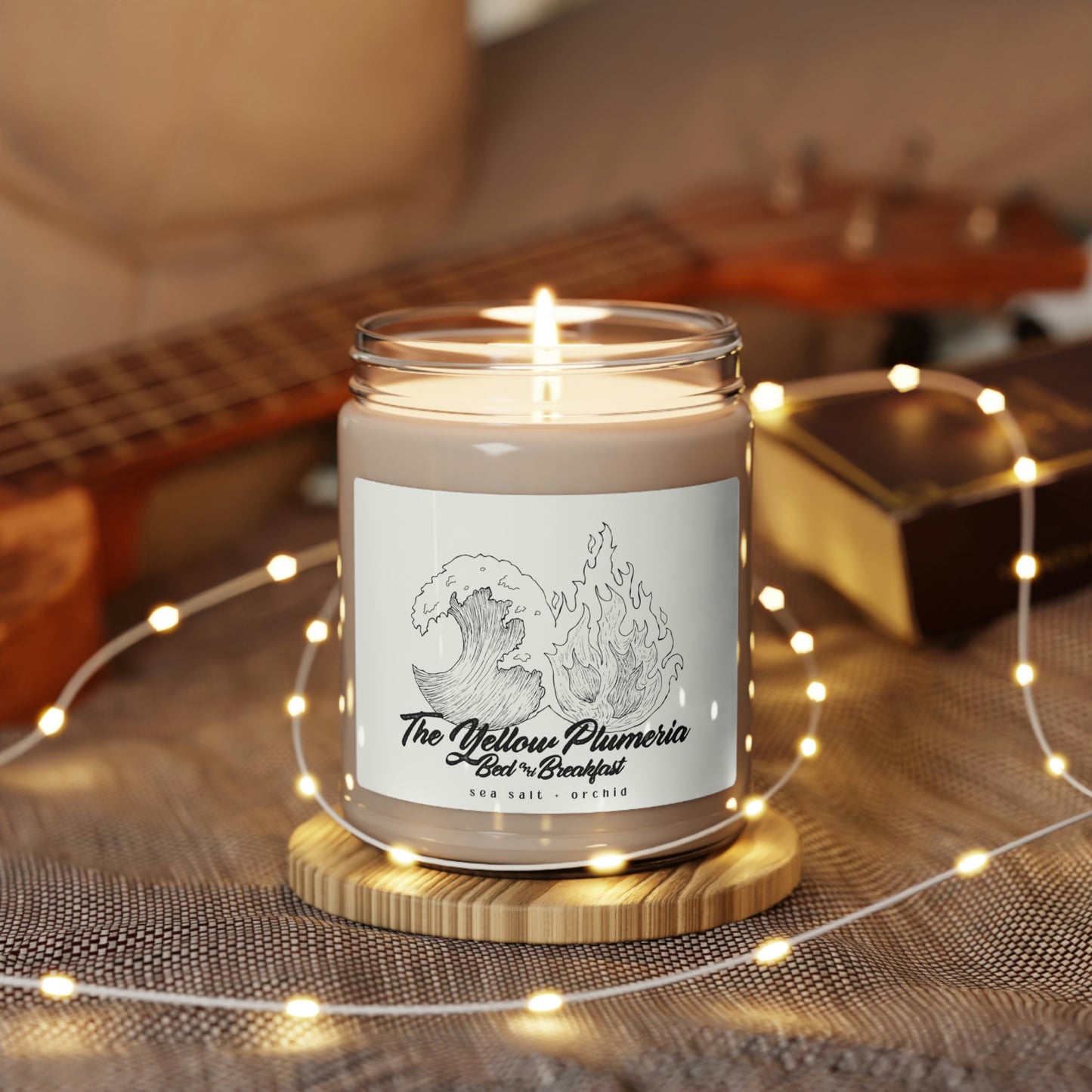 The Yellow Plumeria scented candle, CREAM MAKOLE LABEL, 9oz