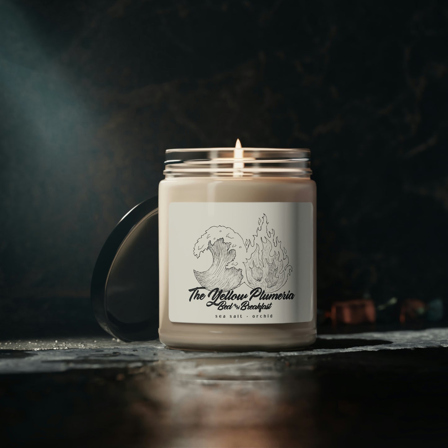 The Yellow Plumeria scented candle, CREAM MAKOLE LABEL, 9oz
